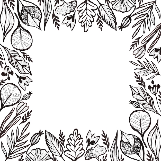 Hand drawn black pencil and marker leaves and berries border frame isolated on white background Can be used for cards label and other printed products