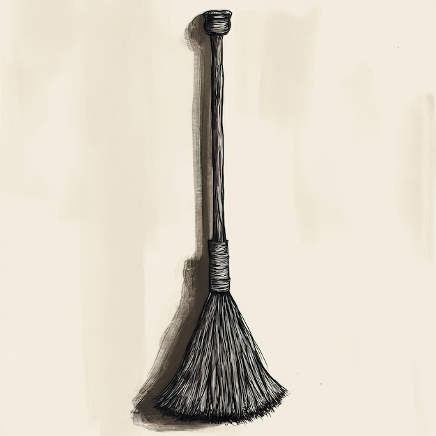 Hand drawn broom on beige background Ink sketch Vector illustration