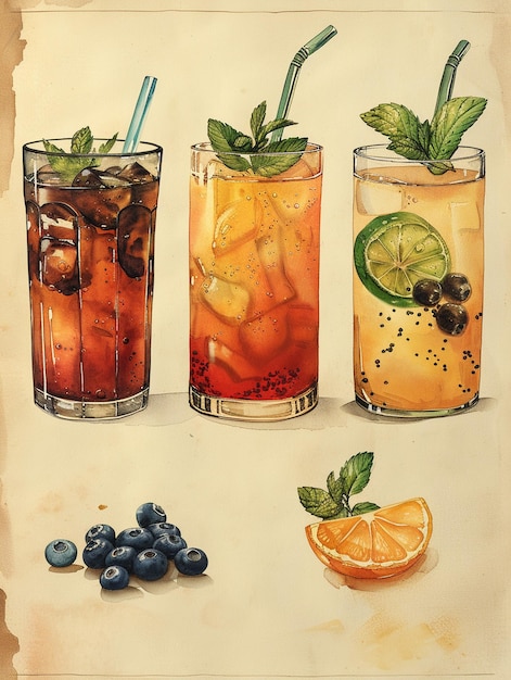 hand drawn cafe drinks illustration for retro poster