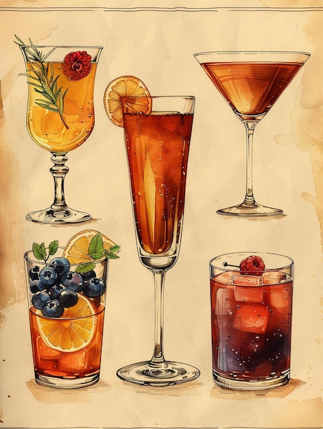 hand drawn cafe drinks illustration for retro poster