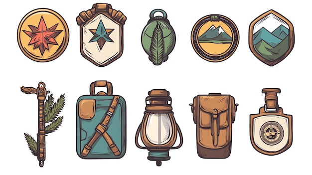 Photo hand drawn camping and hiking equipment and travel badges