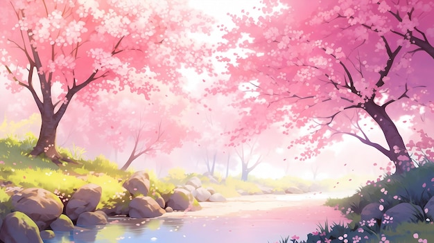 hand drawn cartoon beautiful blooming cherry blossom landscape illustration