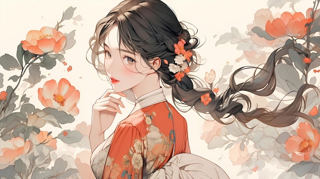 Hand drawn cartoon beautiful illustration of Chinese girl in flowers