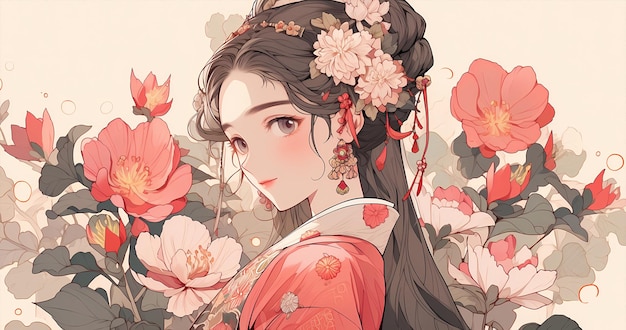 Hand drawn cartoon beautiful illustration of Chinese girl in flowers