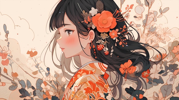 Hand drawn cartoon beautiful illustration of Chinese girl in flowers