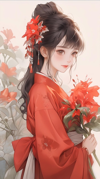 Hand drawn cartoon beautiful illustration of Chinese girl in flowers