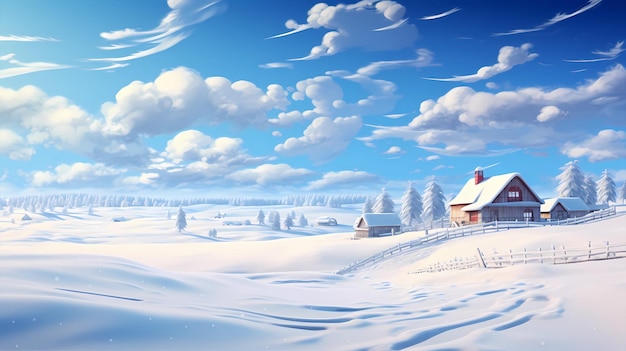 Hand drawn cartoon beautiful illustration of winter snow scene