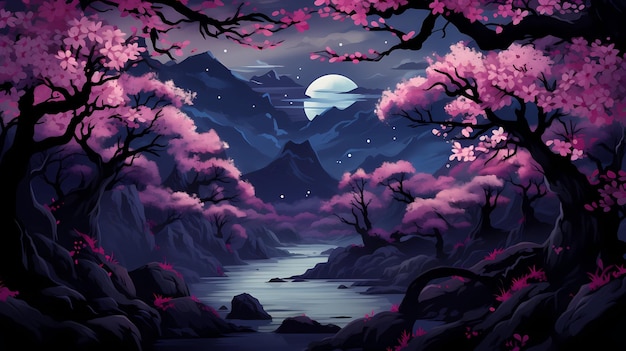 Hand drawn cartoon beautiful night cherry blossom forest scenery illustration