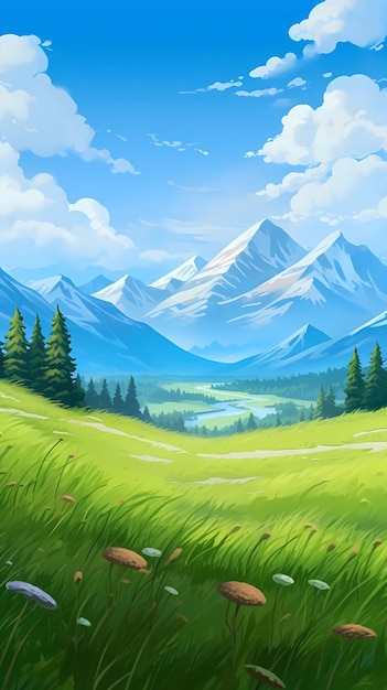 Hand drawn cartoon beautiful outdoor meadow forest and mountains scenery illustration