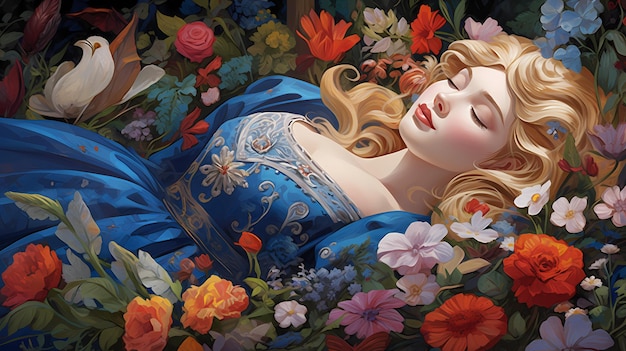 hand drawn cartoon beautiful sleeping beauty illustration among flowers