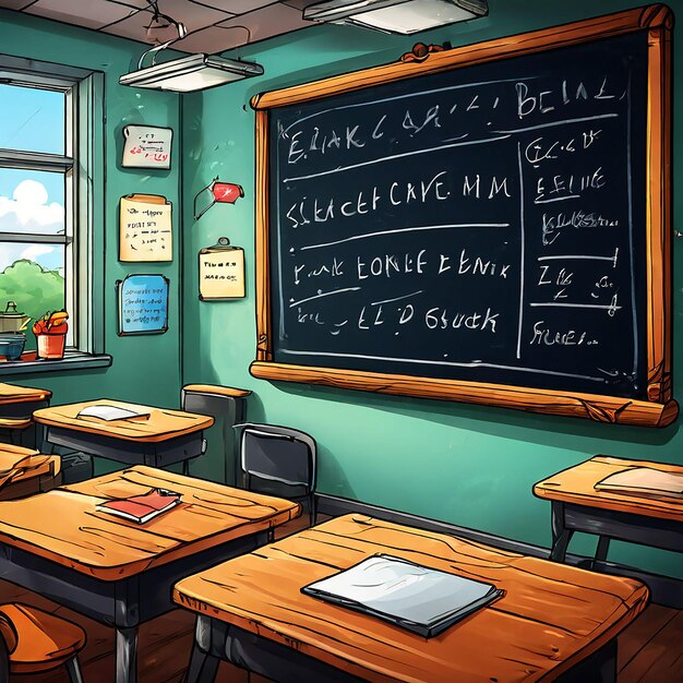 Hand drawn cartoon blackboard illustration material in classroom