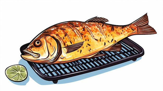 hand drawn cartoon delicious grilled fish illustration