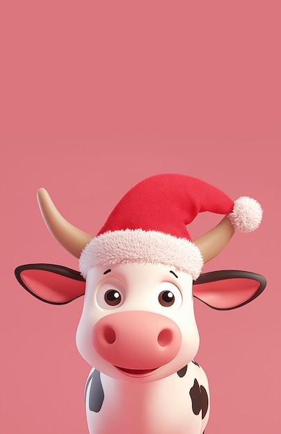 Photo hand drawn cartoon illustration of cute cow wearing santa hat