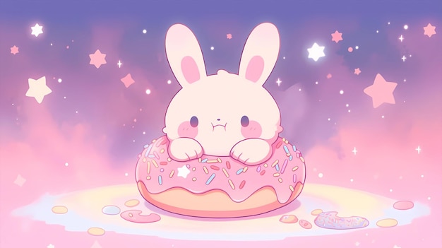 hand drawn cartoon illustration of cute rabbit eating dessert cake