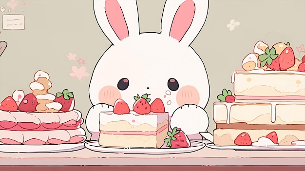 hand drawn cartoon illustration of cute rabbit eating dessert cake