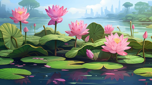 hand drawn cartoon illustration of lotus in water