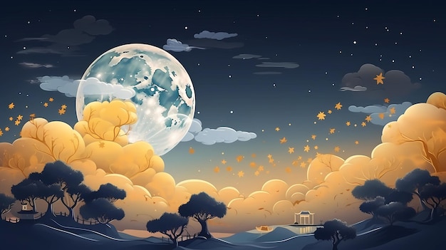 hand drawn cartoon mid autumn festival moon landscape illustration background