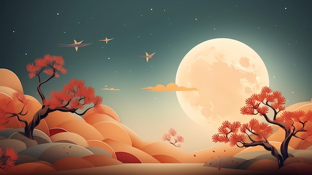 hand drawn cartoon mid autumn festival moon landscape illustration background