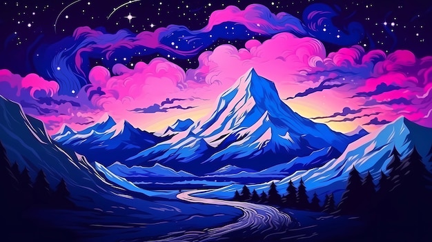 hand drawn cartoon steam wave wind night outdoor landscape illustration