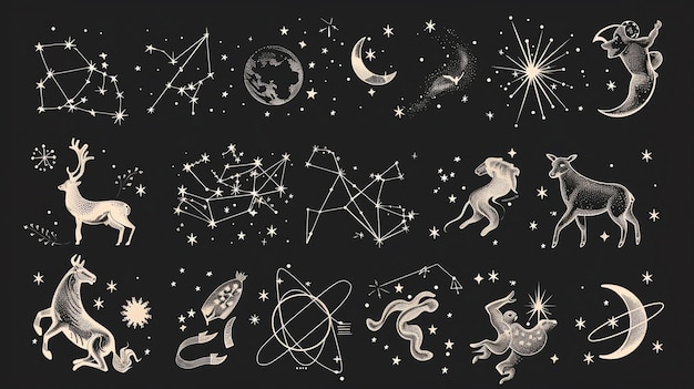 Photo hand drawn celestial constellations moons stars and animals