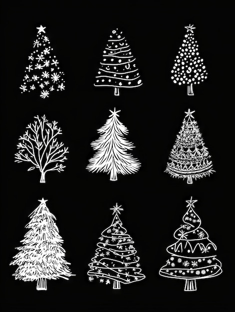 Photo hand drawn christmas tree illustrations white on black