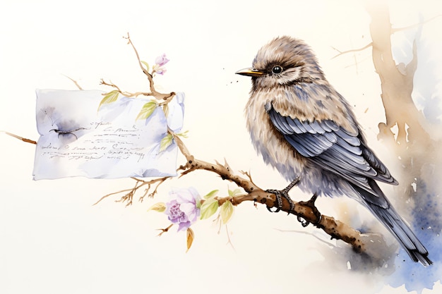 a hand drawn colored Bird with a letter sits on a branch with flowers and a letter