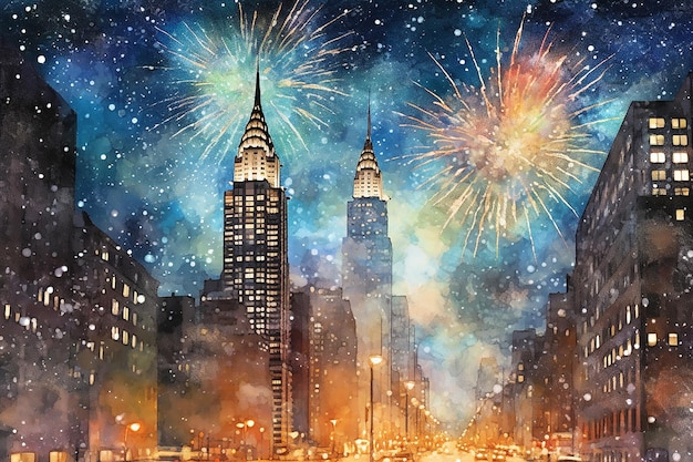 Hand drawn colorful fireworks on the background of the New York night sky Watercolor style Generative AI