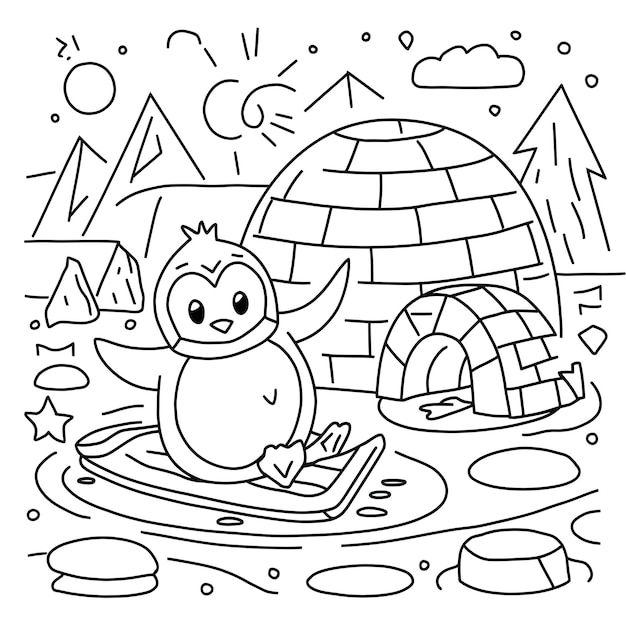 Hand drawn coloring book page illustration of penguin sliding on ice near an igloo