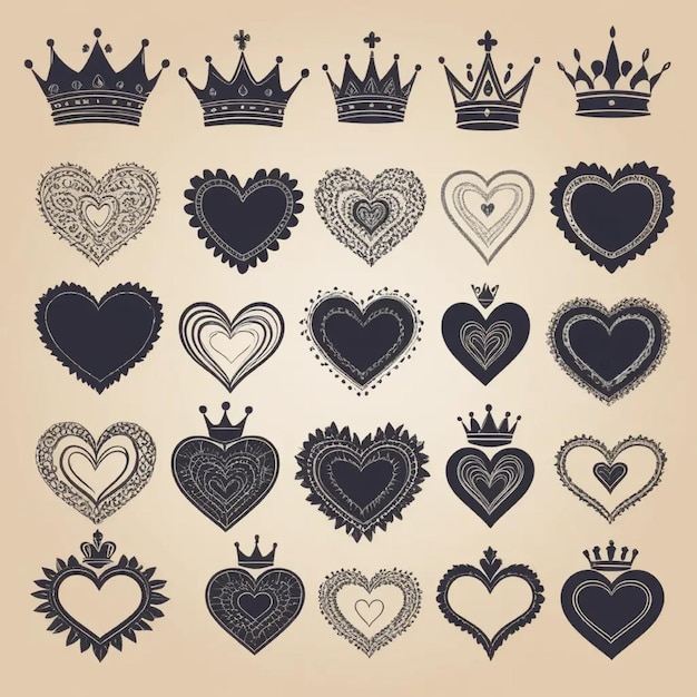 Hand drawn crowned hearts icons Collection