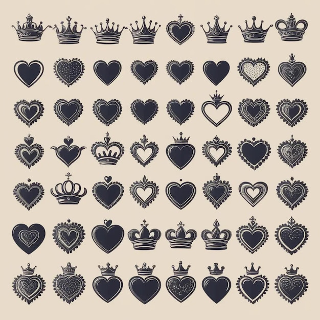 Hand drawn crowned hearts icons Collection