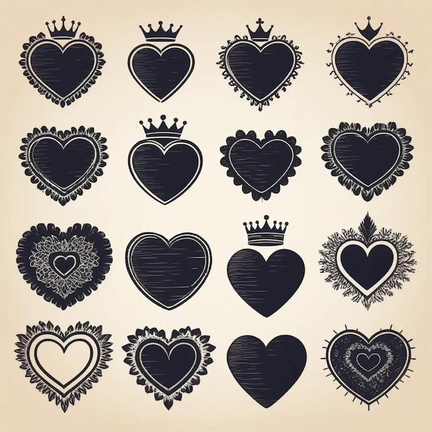 Hand drawn crowned hearts icons Collection