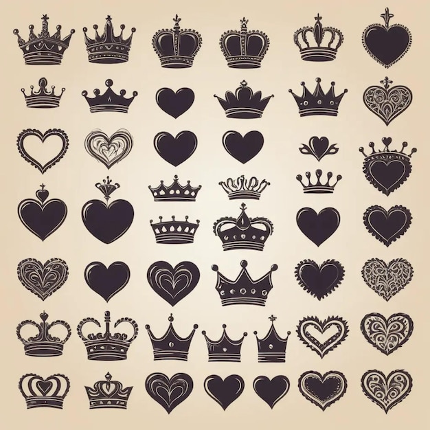 Hand drawn crowned hearts icons Collection