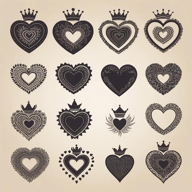 Hand drawn crowned hearts icons Collection