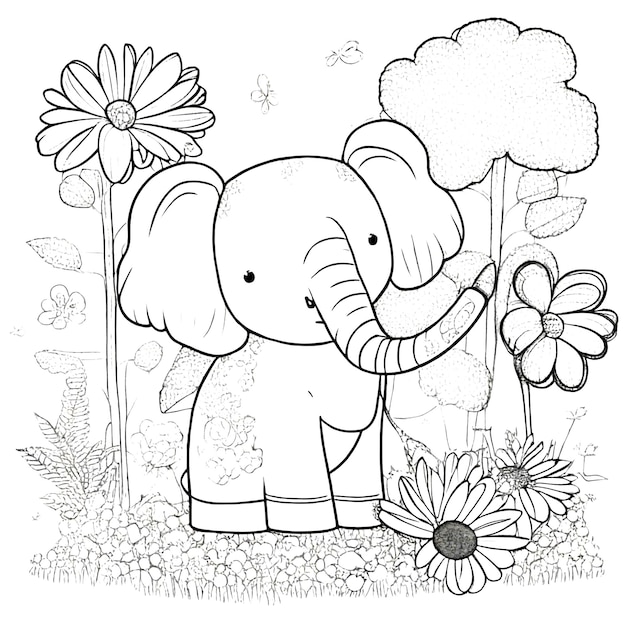 Hand drawn cute elephant illustrations coloring pages for kids