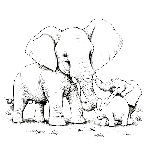 Hand drawn cute elephant illustrations coloring pages for kids