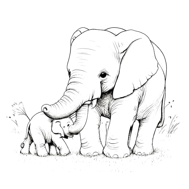 Hand drawn cute elephant illustrations coloring pages for kids