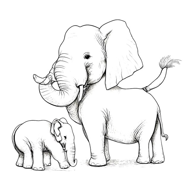 Hand drawn cute elephant illustrations coloring pages for kids