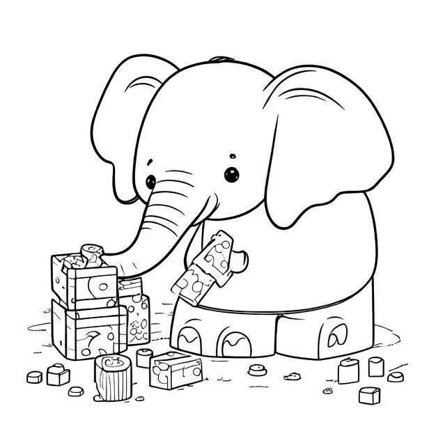 Hand drawn cute elephant illustrations coloring pages for kids