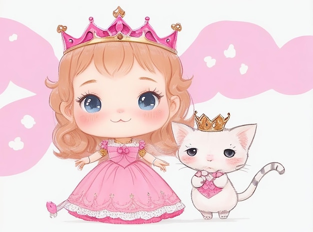 Hand drawn cute little princess and kitty character