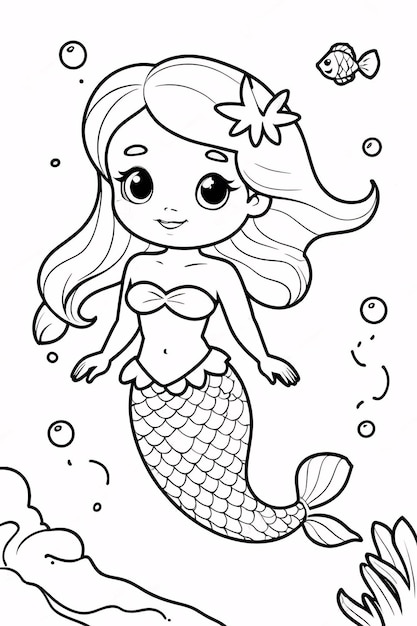 Hand drawn Cute Mermaid Coloring Book Illustration Line Art White Background