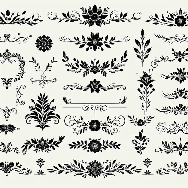 Photo hand drawn decorative floral and flower branches silhouette elements collection