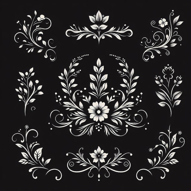 Photo hand drawn decorative floral and flower branches silhouette elements collection