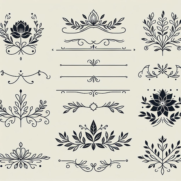 Photo hand drawn decorative floral and flower branches silhouette elements collection