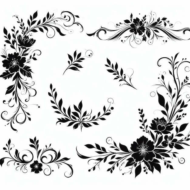 Photo hand drawn decorative floral and flower branches silhouette elements collection