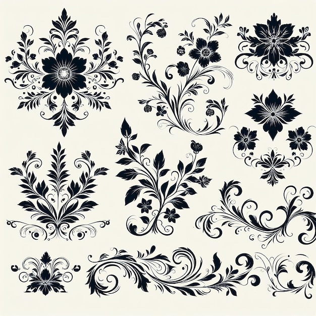 Photo hand drawn decorative floral and flower branches silhouette elements collection