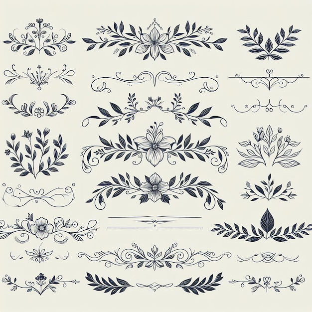 Photo hand drawn decorative floral and flower branches silhouette elements collection