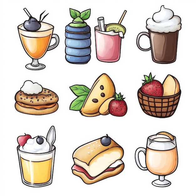 Photo hand drawn dessert icons cakes drinks and fruits