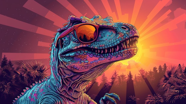 Hand drawn dinosaur in sunglasses illustrating a jurassic slogan