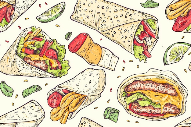 Hand drawn fast food shawarma burrito twister seamless pattern Comic doodle sketch style