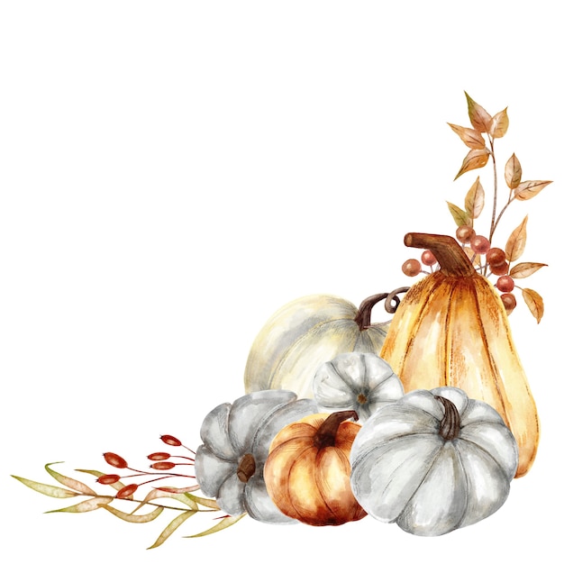 Hand drawn festive orange and gray pumpkins composition, isolated on white background. Autumn harvest, fall ripe orange vegetables, leaves